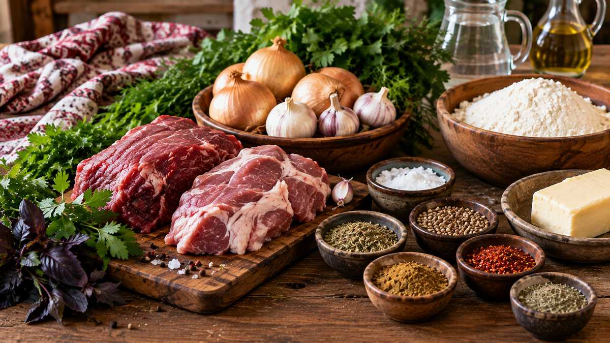 Two cuts of raw meat rest on a wooden board beside bowls of onions, garlic, flour, cheese, and ground spices laid out for kubdari preparation.