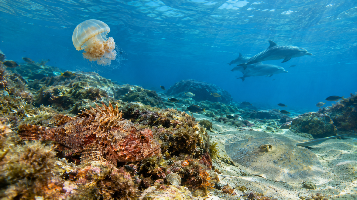A camouflaged scorpionfish rests on a rocky reef beside a sand-covered stingray, while a jellyfish drifts and dolphins swim in the blue water above.
