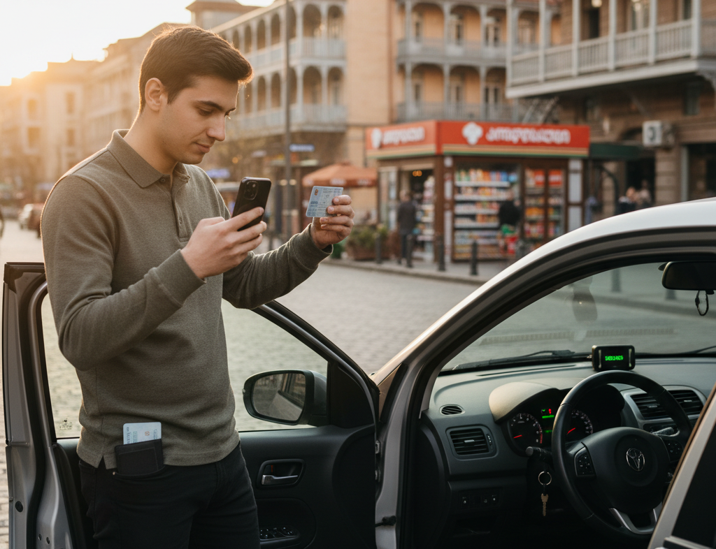 A man photographing his driver’s license with his phone beside an open carsharing vehicle, with Old Tbilisi balconies and a street kiosk behind him.