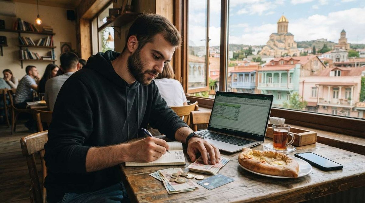 A man writes in a notebook beside cash, coins, and a laptop spreadsheet, with khachapuri and tea on the table and Tbilisi's old town visible through the café window.