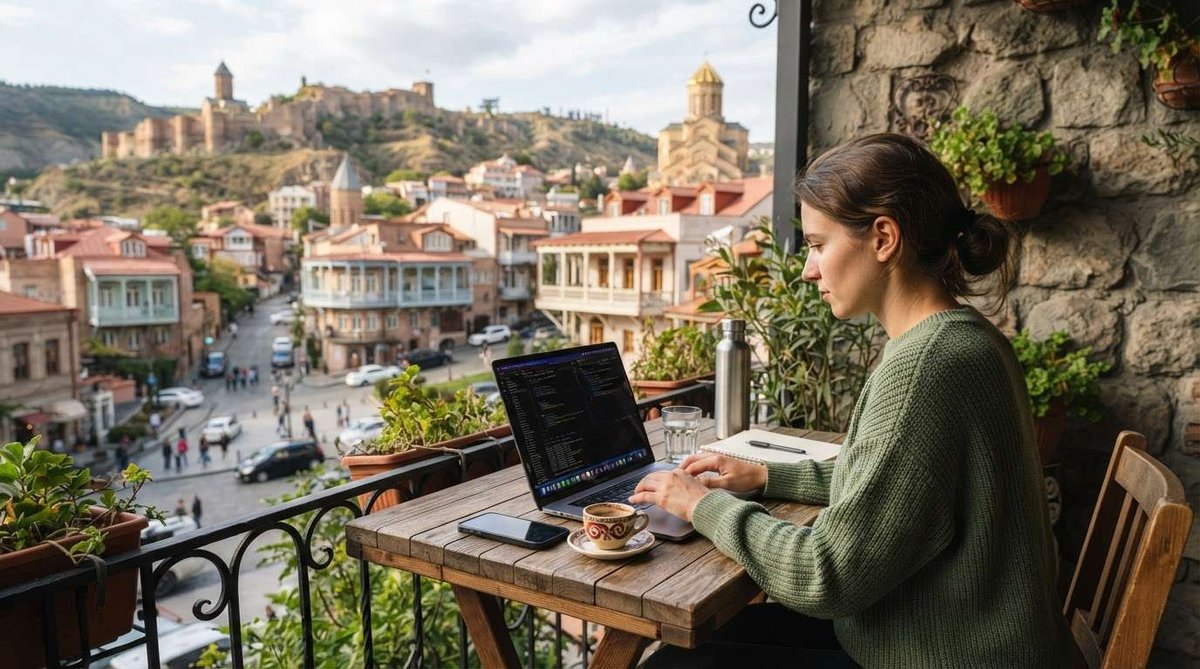 A woman types on a laptop at a café table on a stone balcony, with coffee and a notebook beside her, overlooking Old Tbilisi's rooftops and Narikala Fortress.