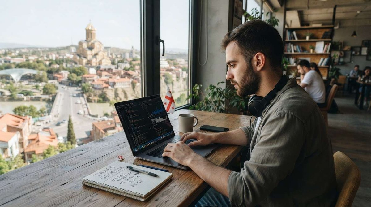 A man with headphones around his neck types on a laptop at a café window table, coffee and a small Georgian flag beside him, overlooking a church and the river below.