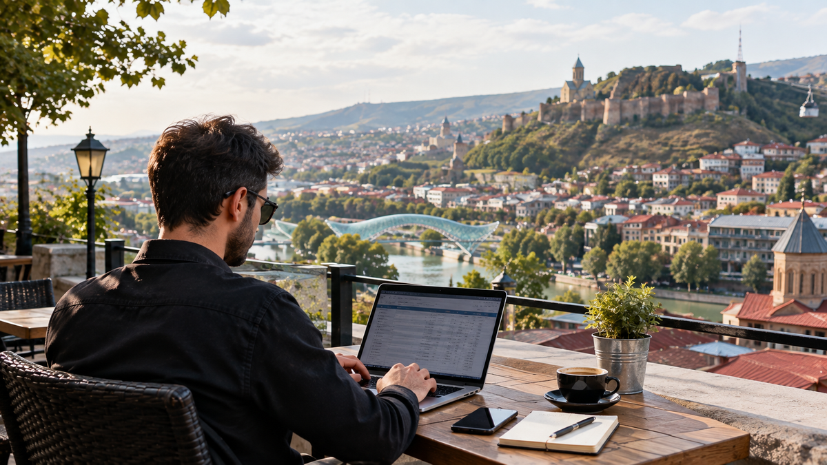 A man works on a laptop spreadsheet at a terrace café table, with coffee and a notebook beside him, overlooking the Bridge of Peace, the river, and Narikala Fortress.