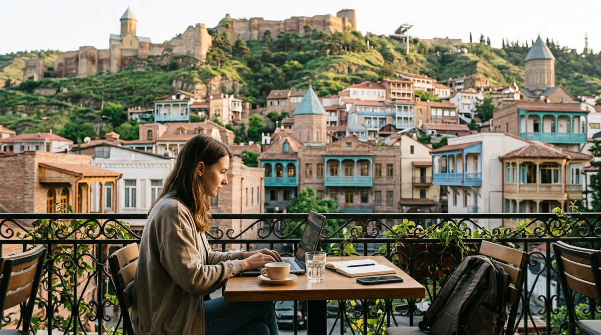 A woman works on a laptop at a balcony café table with coffee, water, and a notebook, overlooking Old Tbilisi's colorful balconies and the hilltop fortress.