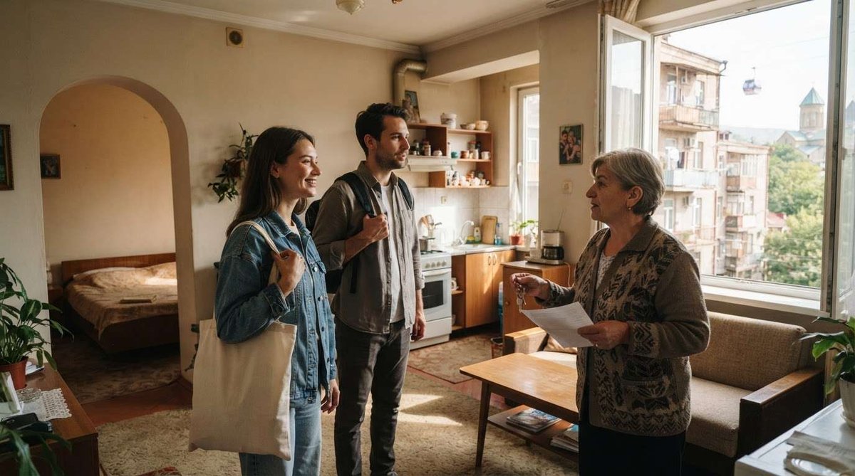 A couple tours a Tbilisi apartment with the landlord holding keys and rental papers, Sameba Cathedral and a cable car visible through the window.
