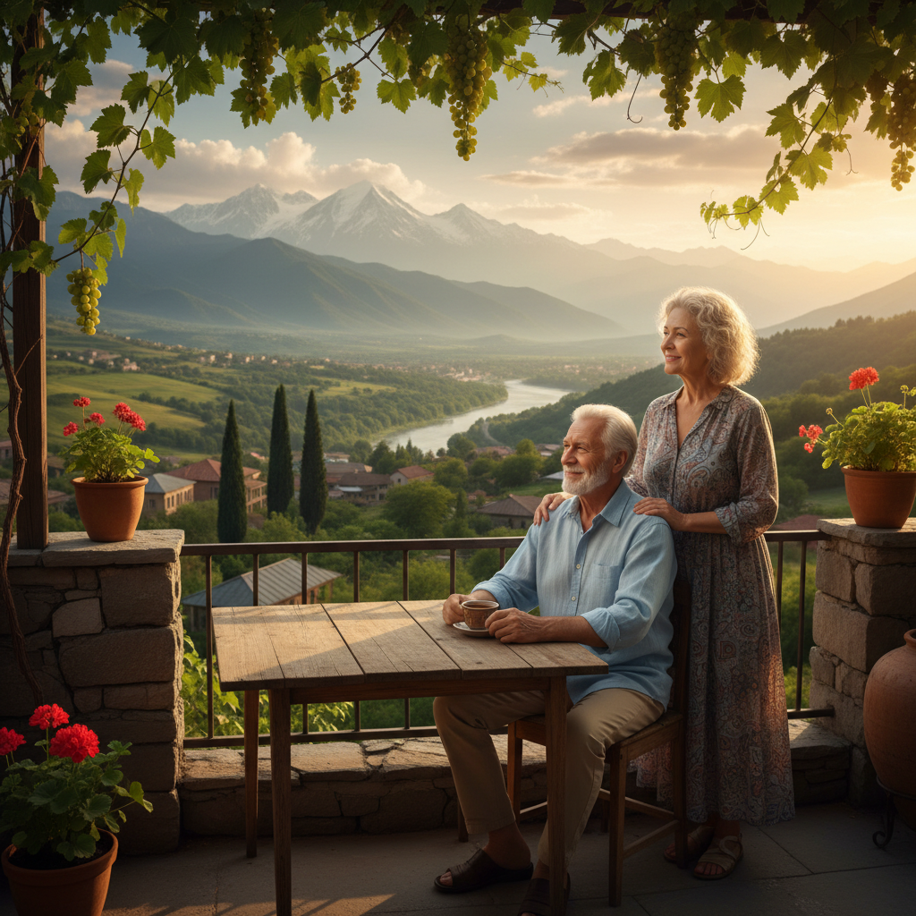 A man and woman stand on a vine-covered terrace overlooking a river winding through a green valley toward snow-capped mountains at sunset.