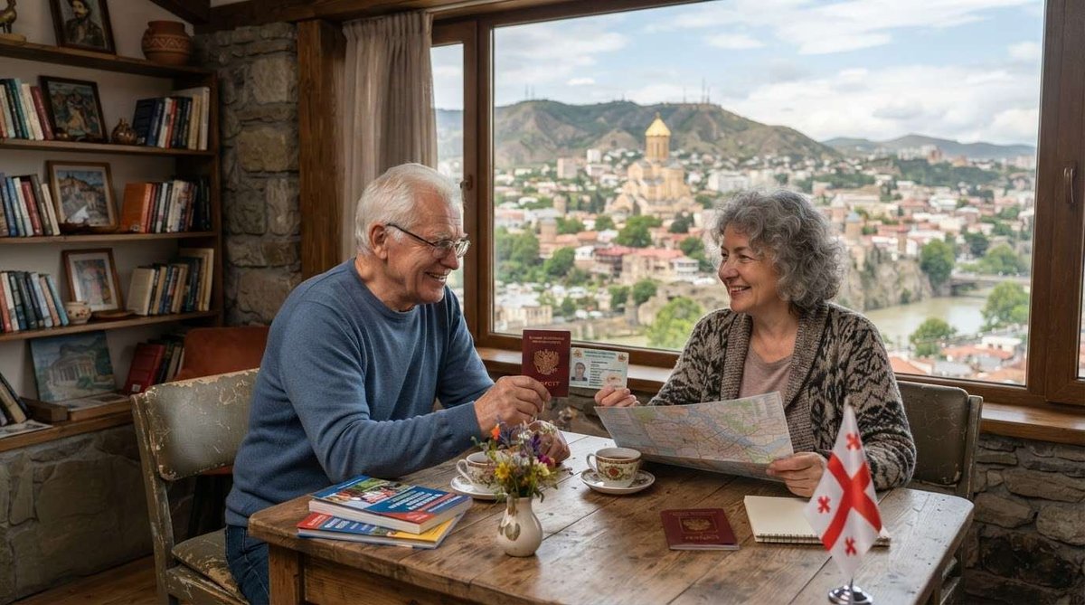 An older man and woman sit at a table holding a passport and ID card, with a map, Georgian flag, and a view of Tbilisi’s skyline through the window.