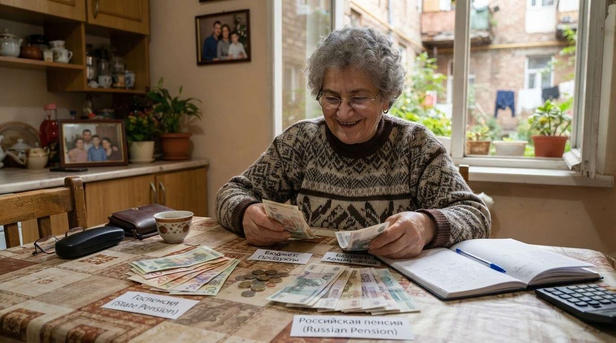 A smiling elderly woman counts banknotes at her kitchen table, with labeled stacks of cash, coins, a notebook, and a calculator marked as state pension and Russian pension budgets.