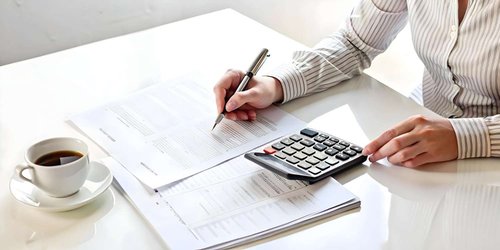 A woman marking up printed financial documents with a pen while using a calculator at a white desk, coffee cup beside her.