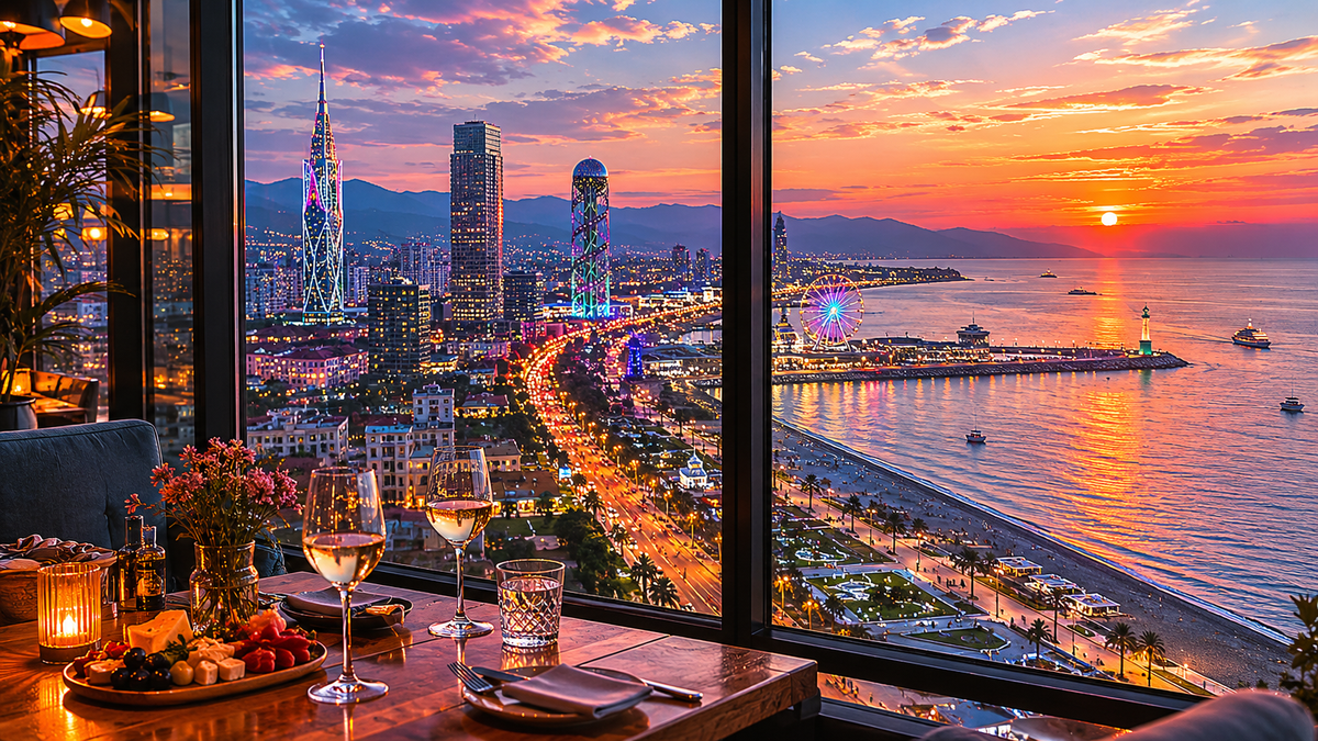 A high-floor restaurant view captures Batumi Boulevard, the Black Sea and warm evening light through panoramic windows.