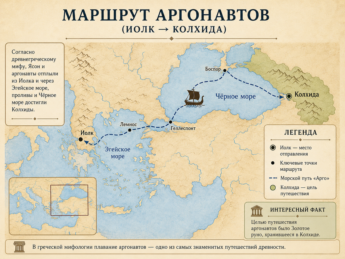 Russian-language infographic map showing the legendary route of Jason and the Argonauts from Iolcus to Colchis, across the Aegean Sea, the Hellespont, the Bosporus, and the Black Sea.