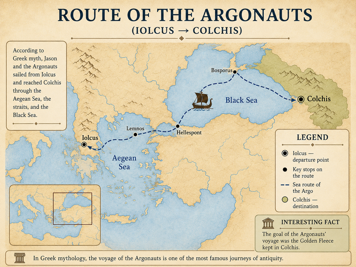 English-language infographic map showing the mythical voyage of Jason and the Argonauts from Iolcus to Colchis, with key stops, sea passages, the Black Sea route, and the final destination in Colchis.