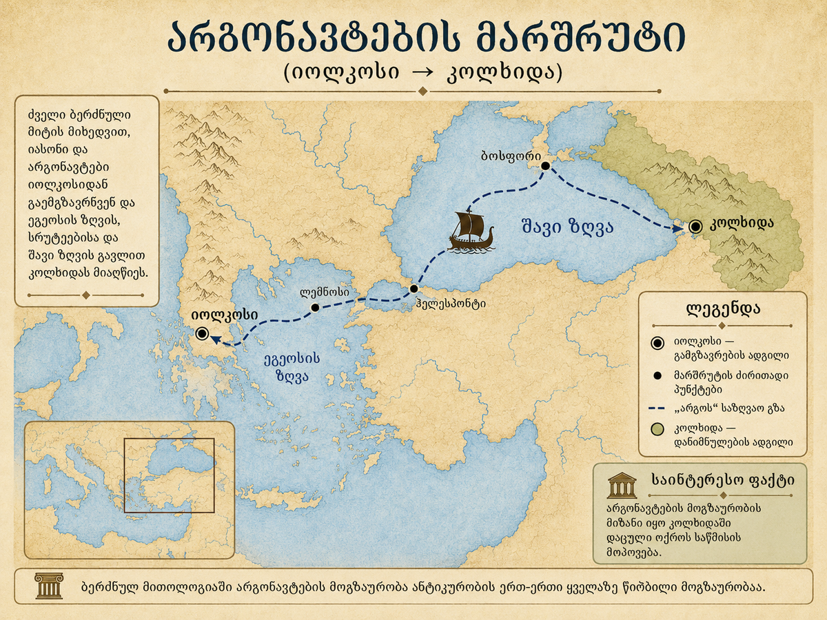 Georgian-language infographic map showing the route of the Argonauts from Iolcus to Colchis, including the Aegean Sea, Hellespont, Bosporus, Black Sea, and the legendary destination of the Golden Fleece.
