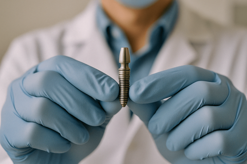 Руки врача с зубным имплантом