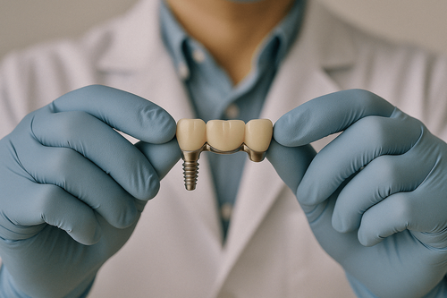 Руки врача с зубным мостом