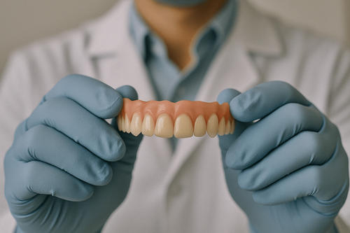 Руки врача с зубным протезом