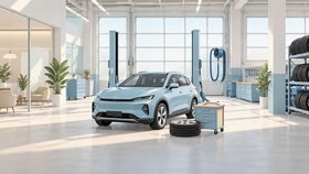 Иллюстрация светлого автосервиса с автомобилем между стойками подъёмника. Рядом находятся шины, инструментальная тележка и сервисное оборудование.