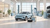 Иллюстрация светлого автосервиса с автомобилем между стойками подъёмника. Рядом находятся шины, инструментальная тележка и сервисное оборудование.