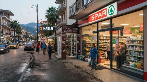A woman carrying grocery bags walks past a lit SPAR supermarket and Yovino wine shop on a street with palm trees, parked cars, and mountains in the background.