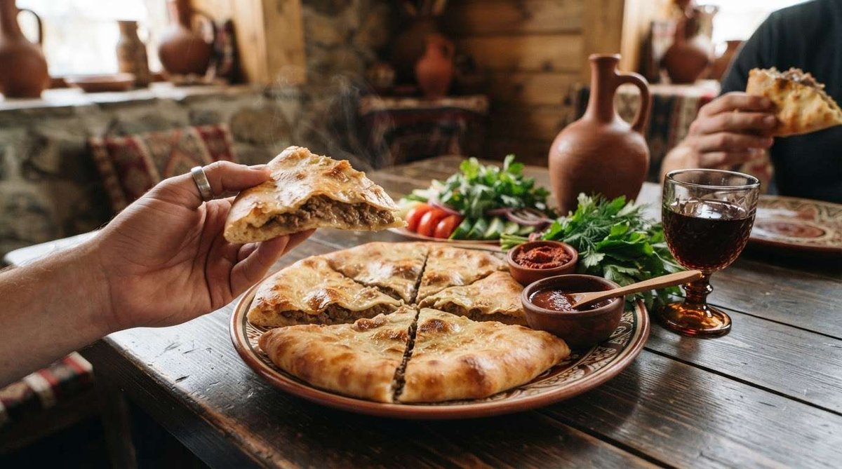 A hand lifts a steaming slice of meat-filled kubdari from a plate set with sauces, tomatoes, herbs, and a glass of red wine on a wooden table.