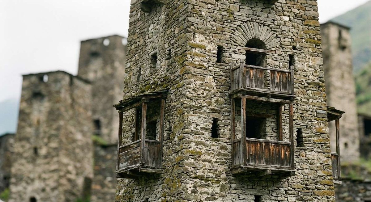 A close documentary view of one of the medieval defensive towers in Shatili, Khevsureti, Georgia