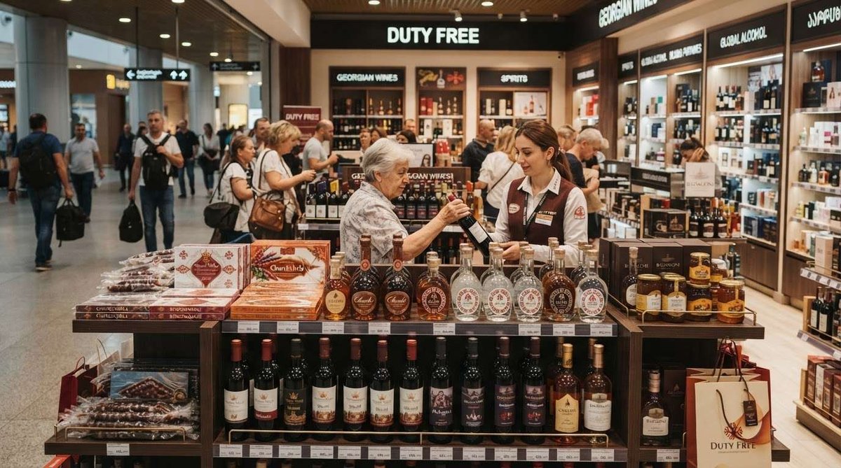 A customer examining a wine bottle with a sales assistant at a duty free counter stocked with Georgian wine, chacha, honey, and churchkhela.