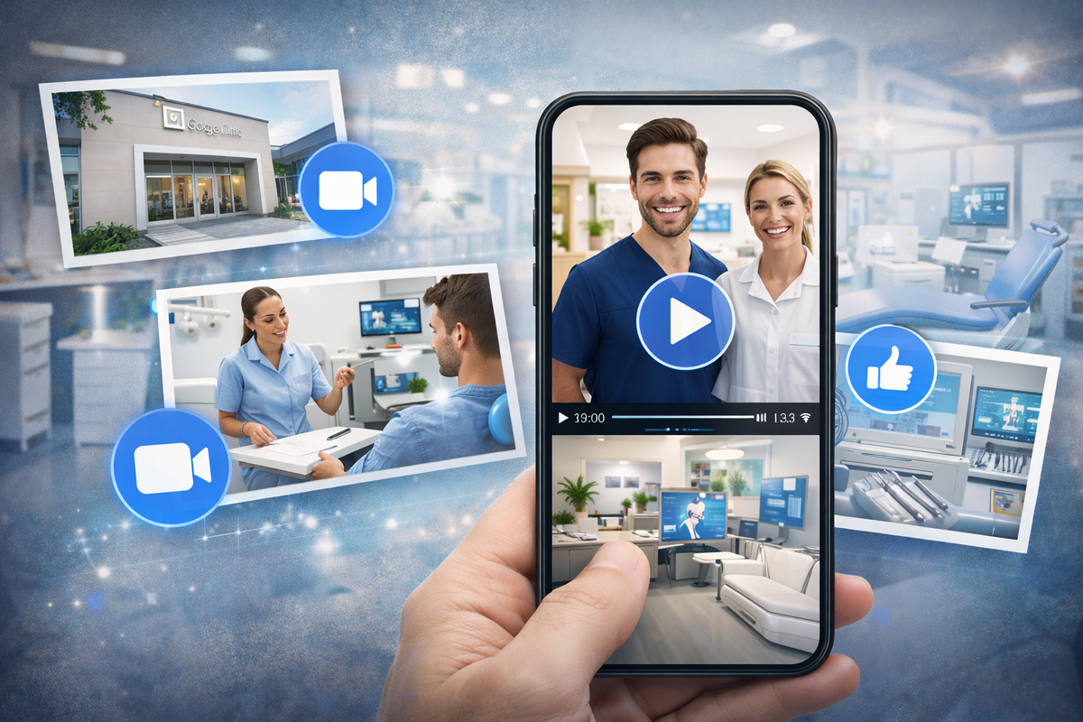 A smartphone displays short video clips of a dental clinic interior, staff, and consultation process, illustrating simple and realistic video formats.
