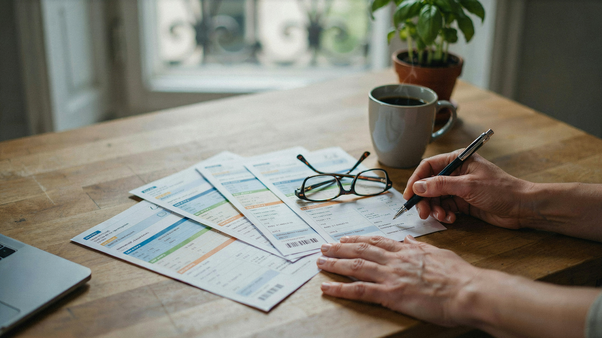 A hand writing on paper bills fanned out on a table, with glasses, a coffee cup, and a laptop nearby.