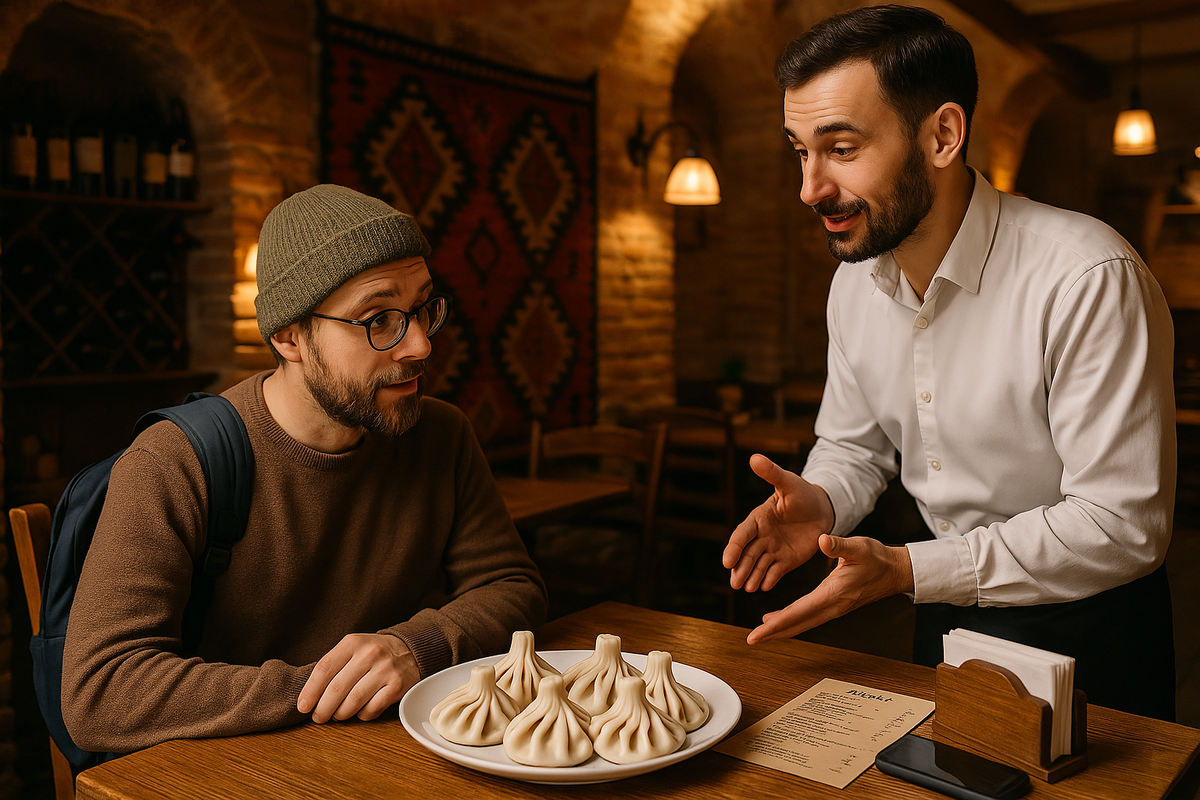 A chef tells a restaurant customer about khinkali