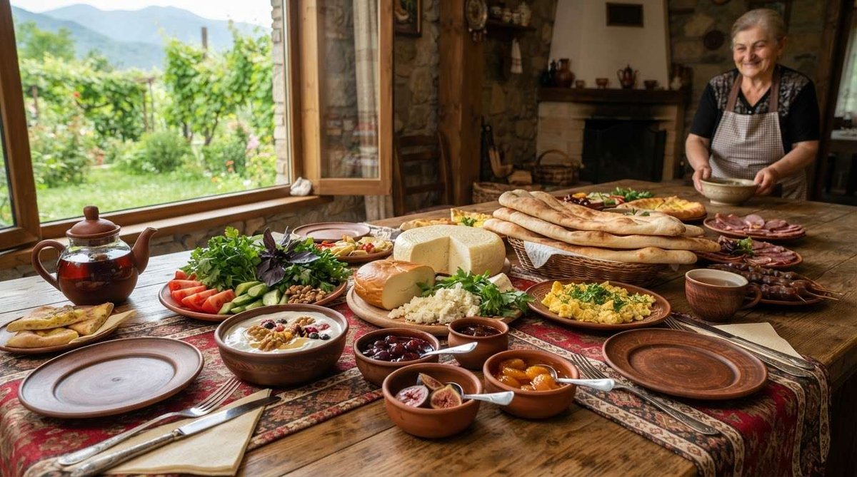 A hostess brings bread as a generously laid table of cheeses, scrambled eggs, puri, fresh vegetables, mtsvadi, matsoni with berries, jams, and tea awaits, overlooking a green garden through the window.