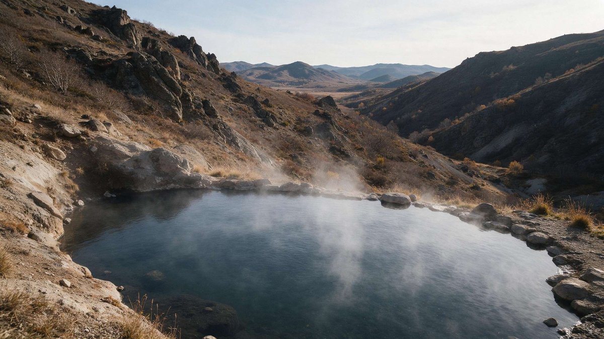 A remote natural hot spring pool with steam rising, set in a rocky mountain landscape.