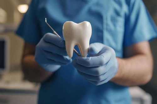 a dentist holds a tooth model in his hands