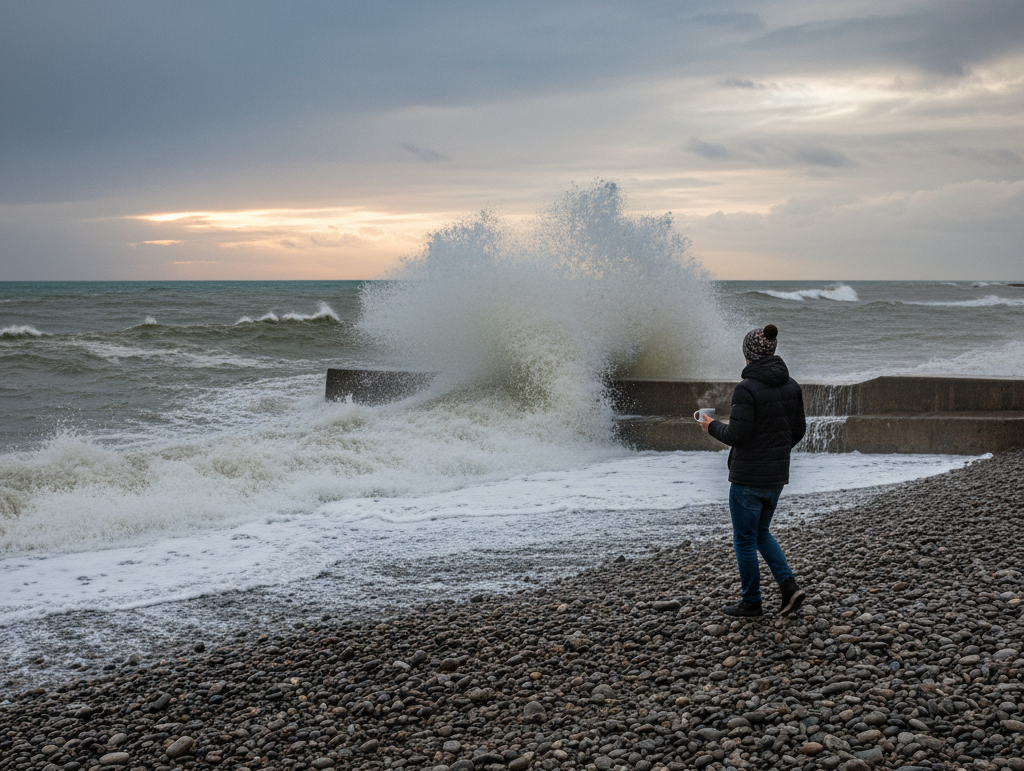 a bundled figure with a coffee cup watches a wave crash against the breakwater as autumn storms roll in over the sea.