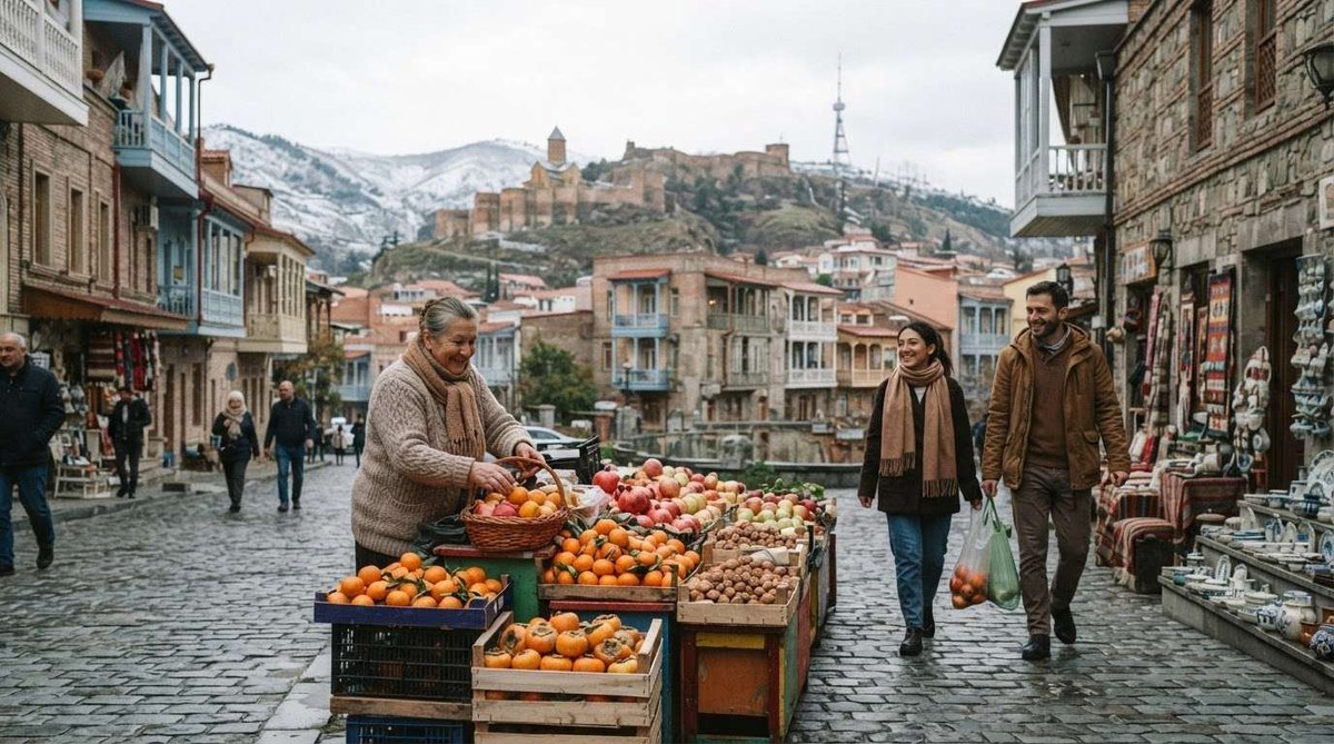 A woman selling oranges, persimmons, and pomegranates from crates on a cobblestone street, with a couple walking by and the fortress visible on the snow-dusted hillside behind.
