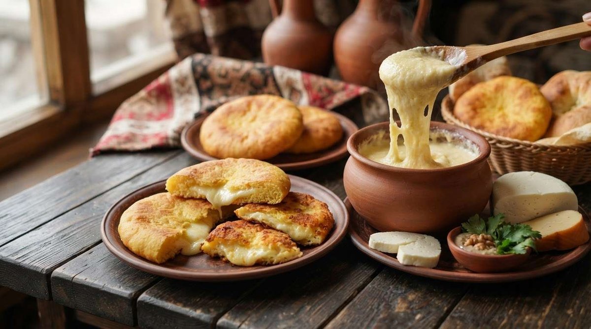 A spoon lifts stretchy melted cheese from a clay pot of elarji, next to plates of cheese-stuffed mchadi, sliced cheese, and bread on a wooden table.
