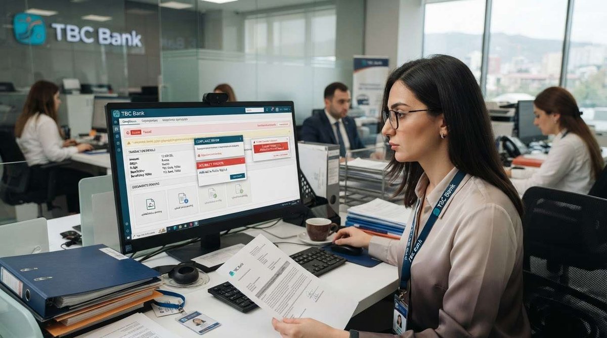 A TBC Bank employee reviews a flagged transaction and compliance alert on her screen while checking supporting documents.