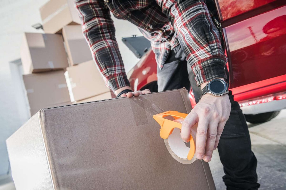 A man sealing a cardboard box with packing tape next to the open trunk of a red car stacked with more boxes.