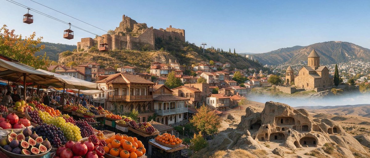 The cable car glides over Narikala Fortress and Tbilisi's old quarters, with a fruit market stall of pomegranates, grapes, figs and persimmons in the foreground.