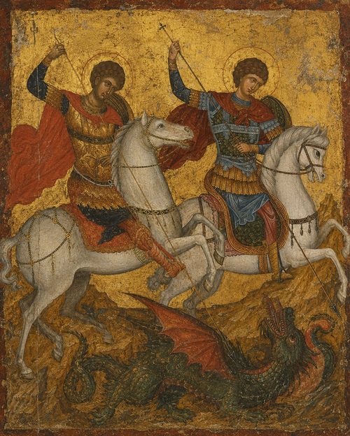 Antique icon-style image of Tetri Giorgi and Saint George as mounted holy warriors on white horses, holding spears and defeating a dragon against a worn golden background, inspired by old Georgian Orthodox frescoes and icons.