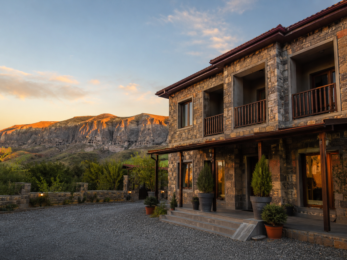 A small guesthouse near Vardzia and Aspindza, morning, against the backdrop of a cliff, southern Georgian landscape