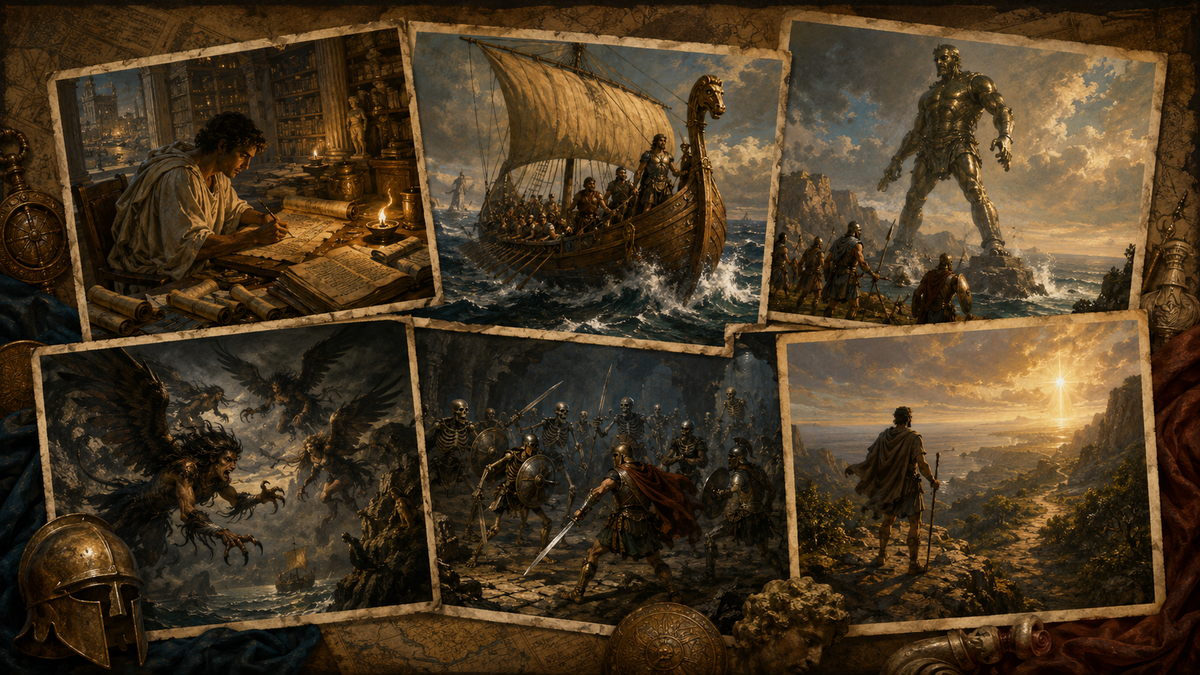 Realistic horizontal collage showing scenes inspired by the Argonauts in culture, including an ancient scholar writing a mythic poem, the ship Argo at sea, Talos, harpies, skeleton warriors, and a lone hero symbolizing the word argonaut as a brave seeker.