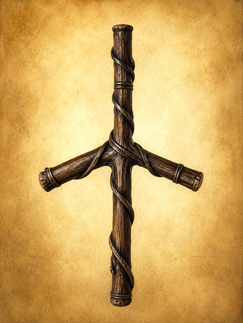 Close-up image of the Cross of Saint Nino, a wooden grapevine cross with slightly drooping arms, bound with dark vine or hair, shown against an aged golden parchment background as a symbol of early Christianity in Georgia.