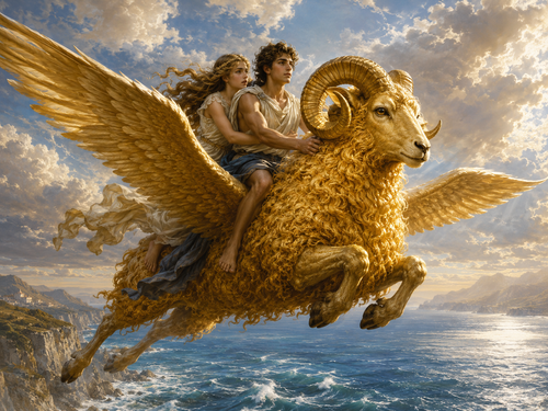 Mythological illustration of the golden ram carrying Phrixus and Helle through the sky above the sea, inspired by the ancient Greek legend connected to the Golden Fleece.