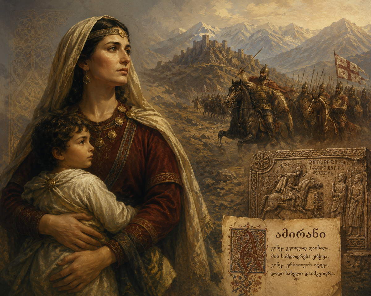 Painterly epic illustration of Amirani’s mother holding her child against a dramatic Caucasus mountain landscape, with ancient Georgian warriors, stone carvings, and manuscript elements symbolizing the heroic legend of Amirani.