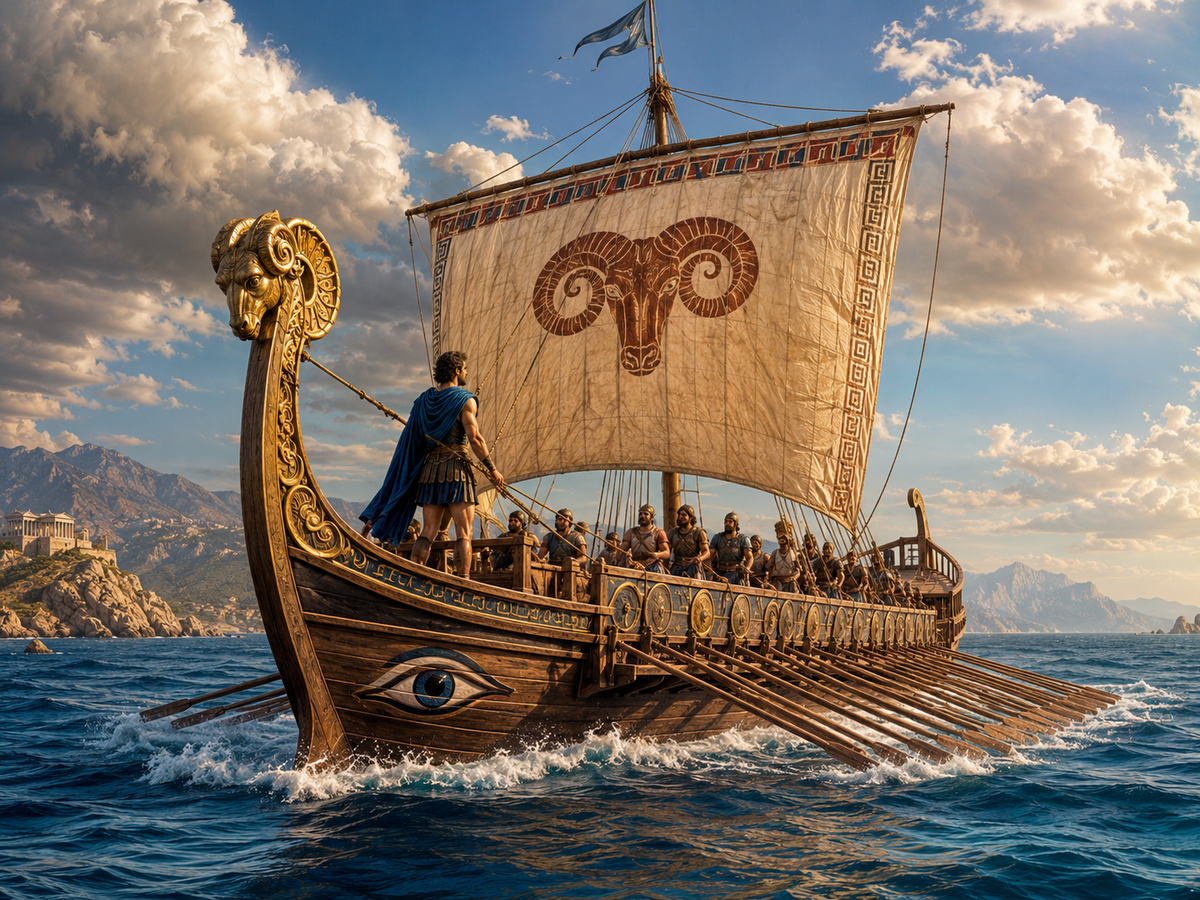 Mythological illustration of the ship Argo sailing across the sea, with a ram-headed prow, ancient Greek warriors on board, oars, a decorated sail, and a dramatic coastal landscape in the background.