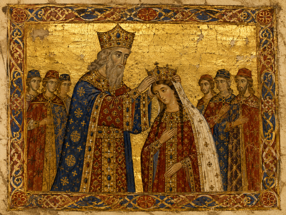 The coronation of Tamar during her father's lifetime: George III places the crown on his daughter, 1178.