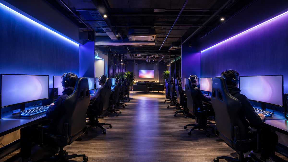 The main hall of an esports club in Tbilisi with rows of gaming PCs.