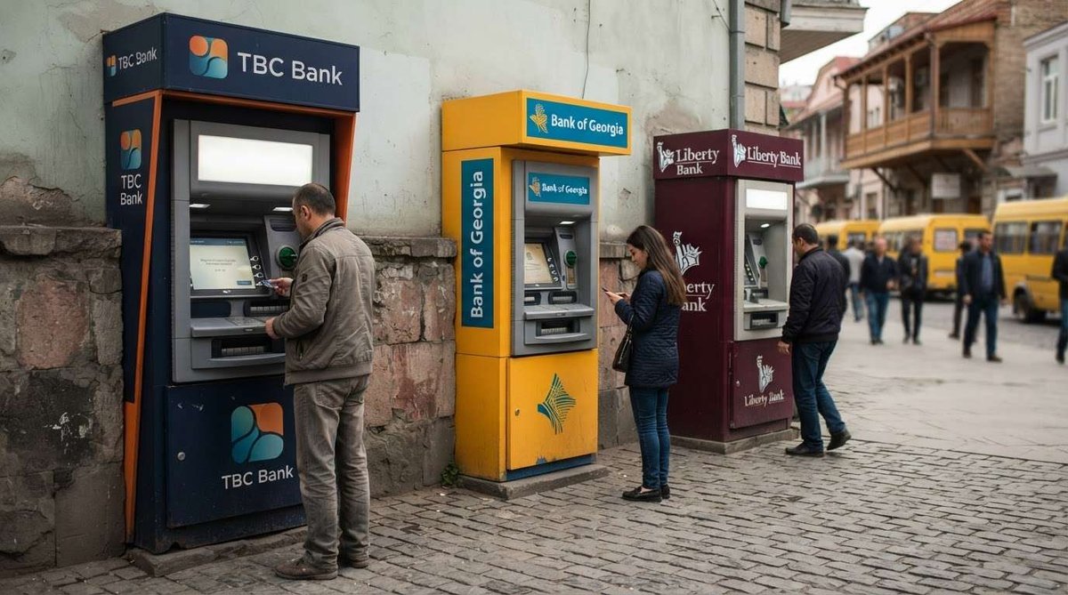People withdrawing cash from TBC Bank, Bank of Georgia, and Liberty Bank ATMs standing side by side on a cobblestone street, with a yellow minibus and wooden balconies in the background.