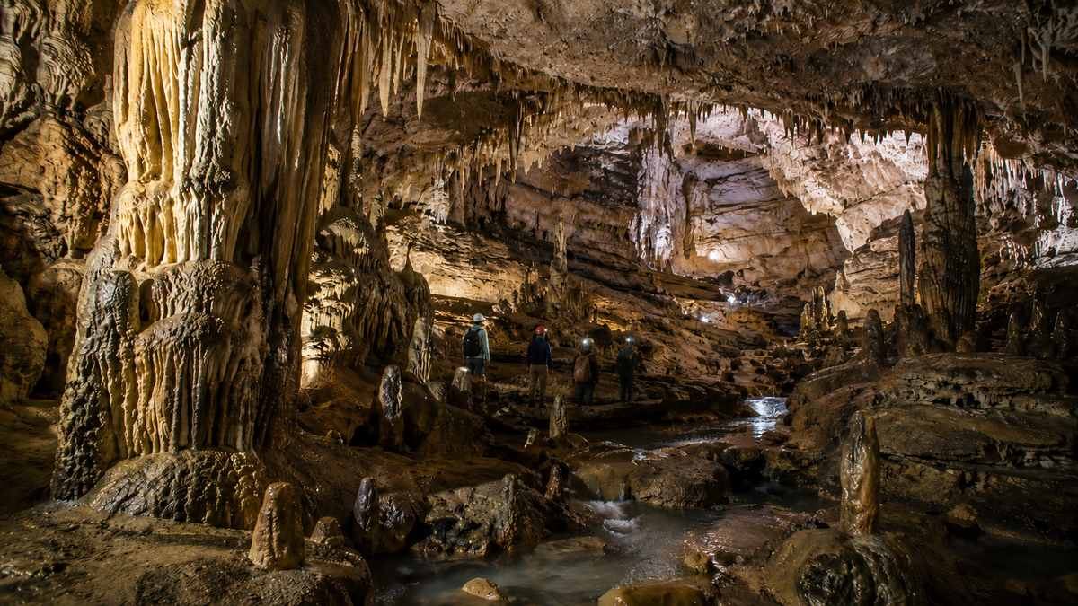 A realistic cave scene with tourists exploring limestone formations, stalactites, stalagmites and an underground stream in Imereti, Georgia.