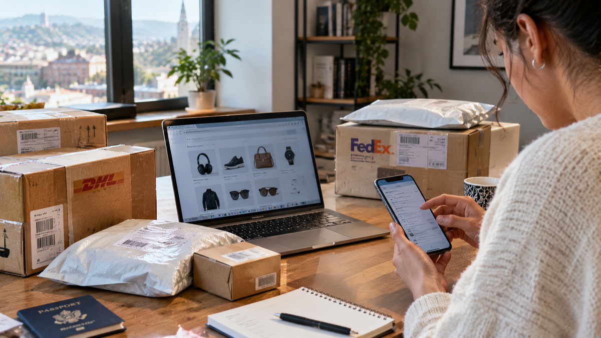 A woman checks a tracking app on her phone beside a laptop with online shopping items open, a passport, and stacked DHL and FedEx parcels on the desk.